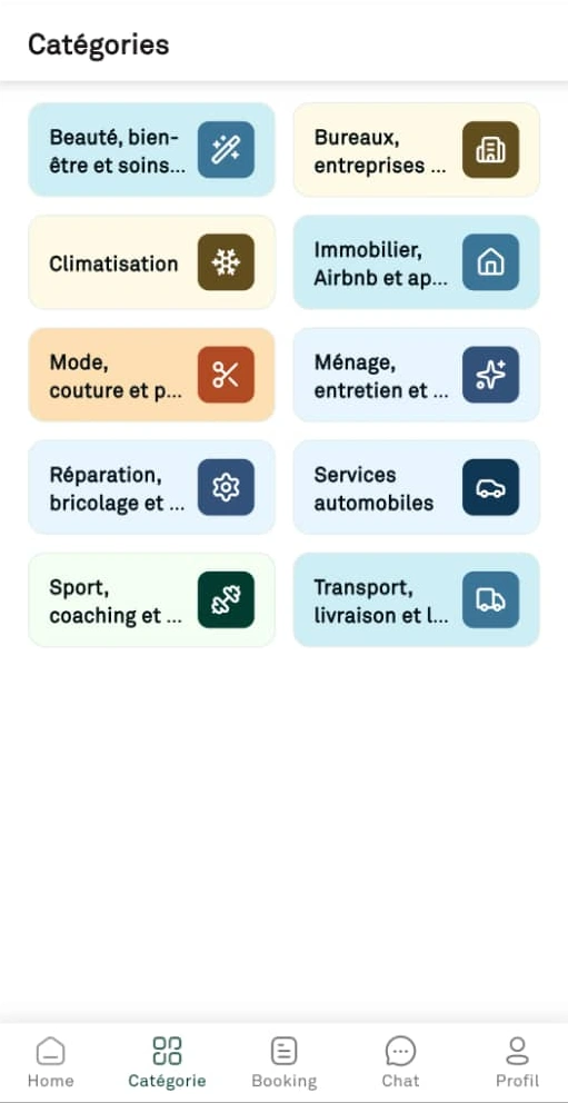 Écran des catégories de l'application HAYATAK